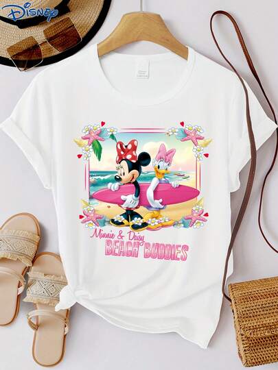 Disney 1 chiếc áo thun ngắn tay nữ, in hình Daisy Duck, cổ tròn, chất liệu co giãn nhẹ, dễ bảo quản, phù hợp mặc hàng ngày, áo thun ngắn tay thời trang nữ, trang phục thường ngày.