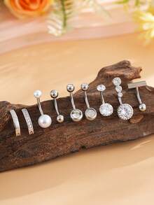 9pcs Short Crescent-Shaped Pearl Navel Rings Set, Stainless Steel T-Bar Double Gem Basic Cute Piercing Jewelry For Daily Wear - Silver - View 8