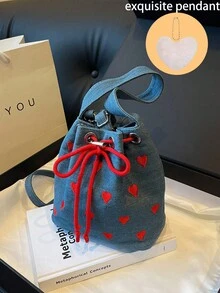 Heart-Shaped Handheld One Shoulder Crossbody Bucket Bag Mini Tote Bag Canvas Drawstring - Blue With Pendant - View 5