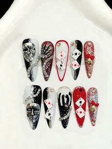 10片装长款尖头手工美甲贴片，适合派对和日常佩戴，黑色和红色美甲贴片，闪亮扑克美甲贴片，长款尖头美甲贴片，闪亮扑克面具水钻酷炫个性美甲贴片，闪亮猫眼美甲贴片，易于佩戴。10片装Y2K手工美甲贴片，闪亮夺目，夏季美甲，夏季风格，适合女孩和女士参加节日派对和日常佩戴。 - 黑色 - 查看 8