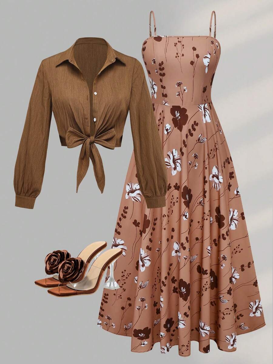 Women's Elegant Printed Long Sleeve Dress And Jacket Set, Chic Two Pieces Outfit For Date, Commute, And Daily Wear Vacation Spring - Brown - View 1