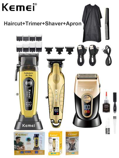 Kemei Conjunto profesional recargable por USB de cortadora de pelo y afeitadora eléctrica, adecuado para hombres, cortadora de pelo eléctrica de Body de metal, afeitadora inalámbrica, KM-90-4, KM-2293 y KM-3209 Conjunto de cuidado personal diario para hombres, regalo de cumpleaños para hombres, regalo del Día del Padre, regalo para el novio, corte de pelo en casa, kit de recorte y afeitado