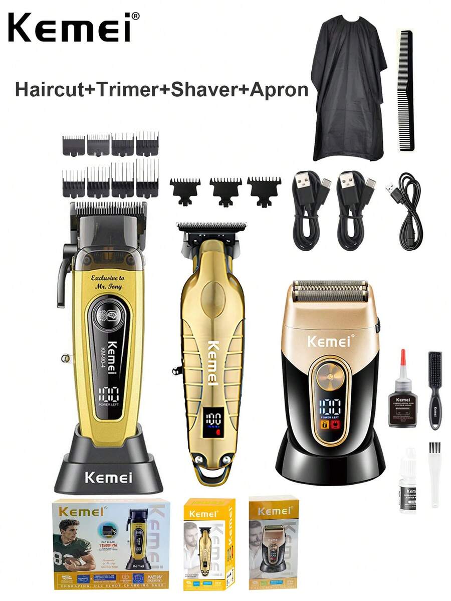 Kemei Bộ máy cắt và cạo râu điện chuyên nghiệp sạc USB, phù hợp cho nam giới, thân máy bằng kim loại, máy cạo râu không dây, KM-90-4, KM-2293 và KM-3209, bộ chăm sóc cá nhân hàng ngày cho nam giới, quà tặng sinh nhật, quà tặng Ngày của Cha, quà tặng bạn trai, bộ dụng cụ cắt, tỉa và cạo râu tại nhà.