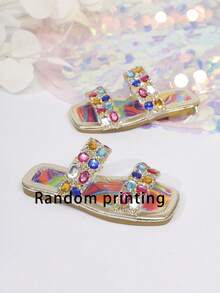 Chanclas de moda para niños, nuevas chanclas de verano para la playa con diseño brillante, decoración de diamante de imitación y punta cuadrada para niñas - Multicolor - Ver 4