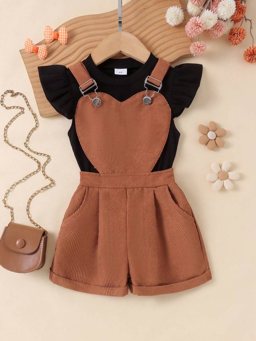 2pcs Toddler Girls Casual Outdoor Ribbed Flutter Sleeve Top & Corduroy Overalls Set, Mid-Weight, Spring/Summer - Black - View 1