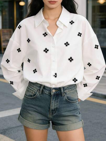 女士户外运动衬衫，黑色花卉印花，长袖翻领纽扣衬衫，宽松休闲上衣，数码印花时尚衬衫，适合春、夏、秋季户外活动