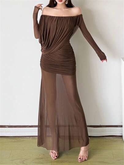 Đầm lưới phối nhiều lớp gợi cảm mùa hè, trễ vai, chất liệu chiffon xuyên thấu, dáng chữ A, tay dài, thanh lịch, thích hợp cho tiệc tùng.