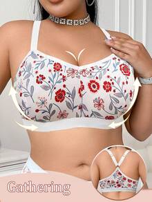 Plus Size Women Floral Print Patchwork Wireless Bra, Comfortable Leisure Sports Bra With Breathable Back Design - White - View 2