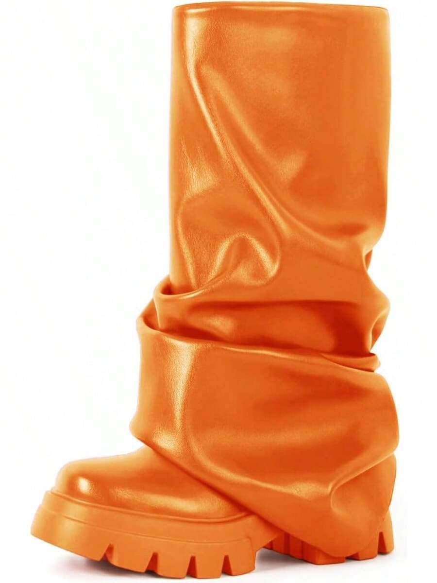 Women's Platform Round Toe Mid Calf Boots With Chunky Heel - M-orange - View 1