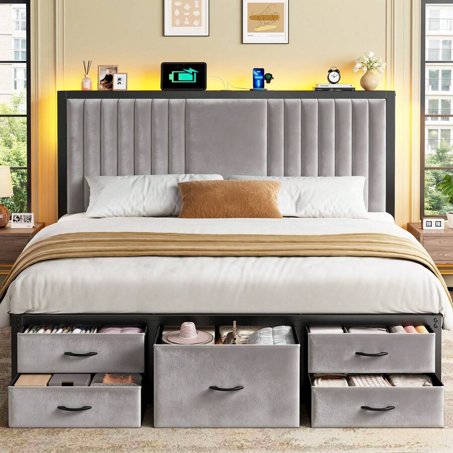 EnHomee Bed Frame With 5 Storage Drawers & Storage Headboard With Outlets, Upholstered Velvet Bed Frame With LED Lights & Charging Station, NO Noise, Easy Assembly, Camas, Grey - 查看 1