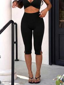 New Solid Color Elastic Fitted Bermuda Shorts With Slit Hem Black Summer - Black - View 2