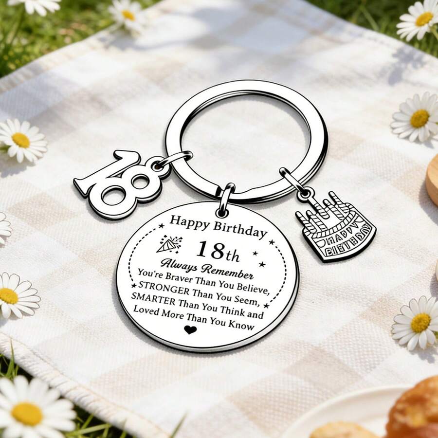 18. Geburtstag Schlüsselanhänger; 18. Geburtstags Geschenk; Geburtstagsgeschenk für 18-jährige Schwester, Tochter, Sohn. Slogan Lässig Party Süß Elegant Edelstahl Party - Silber - Übersicht 1