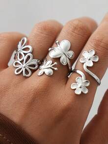Frminee 3 Stücke/1 Stück Boho-Stil Blumen & Schmetterling Edelstahl Ring Set, Statement Ringe, verstellbare goldfarbene Ringe, geeignet für den täglichen Gebrauch, Urlaub und als Geschenk - Silber - Übersicht 7