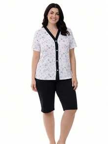 Pijama Feminino Aberto Meia Manga Pescador Bermuda Verão Senhora - Preto - Visão 2