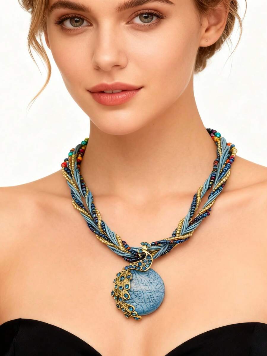 Dây chuyền hạt cườm thủ công phong cách Bohemian, dây chuyền mặt tròn nhiều lớp nhiều màu sắc kiểu cổ điển dành cho nữ, trang sức - vòng cổ hạt - Xem 1