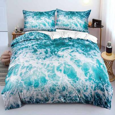 Juego de ropa de cama con estampado 3D de olas oceánicas de 2/3 piezas, con base en degradado azul verdoso, espuma blanca que se rompe y textura realista de agua marina, para una sensación de calma marina (Tamaño 135x200 solo 1 funda de almohada)