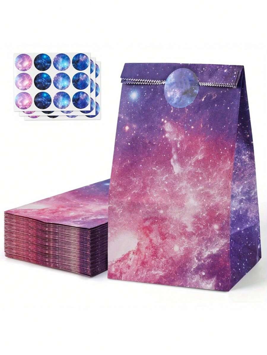 24个/套 星空主题派对礼品袋，带贴纸 - 色彩鲜艳的宇宙图案纸袋，适合装糖果、派对小礼物和装饰品，是太空主题庆祝活动、派对用品和活动必备品的理想之选。 - 多款 - 查看 1