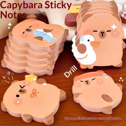 水豚造型便签纸，可爱高品质学生备忘录，强力粘胶可重复使用，趣味励志不对称造型备忘录，60张，节日、生日实用礼物，精工细作