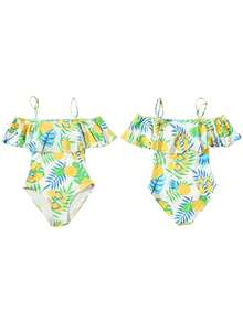 Family Matching Swimsuit Pineapple Print Ruffle Hem One Piece Bathing Suit For Women And Kids Girls Summer Beachwear Swim Trunks For Men And Boys Summer Vacation Swimwear For Whole Family - Phụ nữ - Xem 8