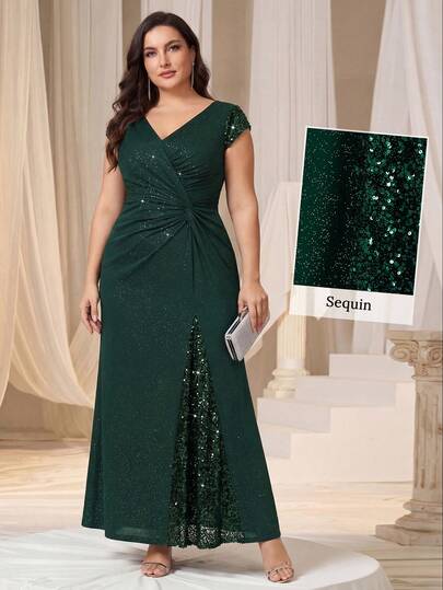 EVERPRETTY Summer Plus Size Formal Dress Dark Green Glamorous Prom Dress V-Neck Beaded Sequin Formal Dress Contrast Sequin Pleated Bust Design Evening Gown Black Tie Event Dress Formal Dress Wedding Guest Formal Gown Spring Party