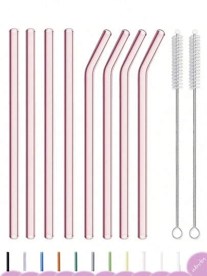 4pcs Pink Glass Straws With 2pcs Cleaning Brushes, 8inch X 8mm Reusable Transparent Glass Straws, Curved And Straight Drinking Straws, Shatterproof Cute Straws For Coffee, Juice, Cocktail, Tea