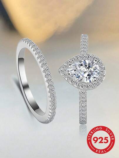 مجموعة خاتم قطرة ماء من الفضة الإسترليني 925 قطعتان، خواتم أنيقة للسيدات مناسبة للمناسبات والحفلات والأعياد، هدية مجوهرات فاخرة للنساء