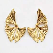 2件套欧美风格金属铁艺叶子耳环，夸张造型，适合派对和节日佩戴 - 金黃色 - 查看 5