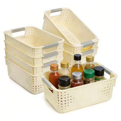1/2 chiếc giỏ đựng đồ bằng nhựa, giỏ thoát nước, giỏ đựng tài liệu để bàn có tay cầm, hộp đựng đồ gia dụng, kích thước 9.8 x 6 x 3.9 inch (khoảng 25 x 16.5 x 10 cm), màu be
