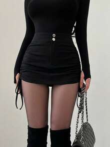 Black High-Waisted Short Slim-Fit Sexy Hip-Hugging Drawstring Casual Women's Skirt For Spring And Summer. - Black - View 10