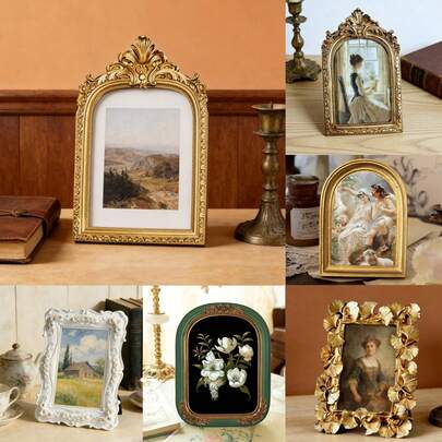 1pc Vintage Embossed Resin Photo Frame, Size 4x6 Inch, 5x7 Inch, 6x8 Inch Rectangular Desktop Decor, Random Photo Paper, No Cardboard, Suitable For Home Bedroom, European Style, Small Frame, Wall Decor