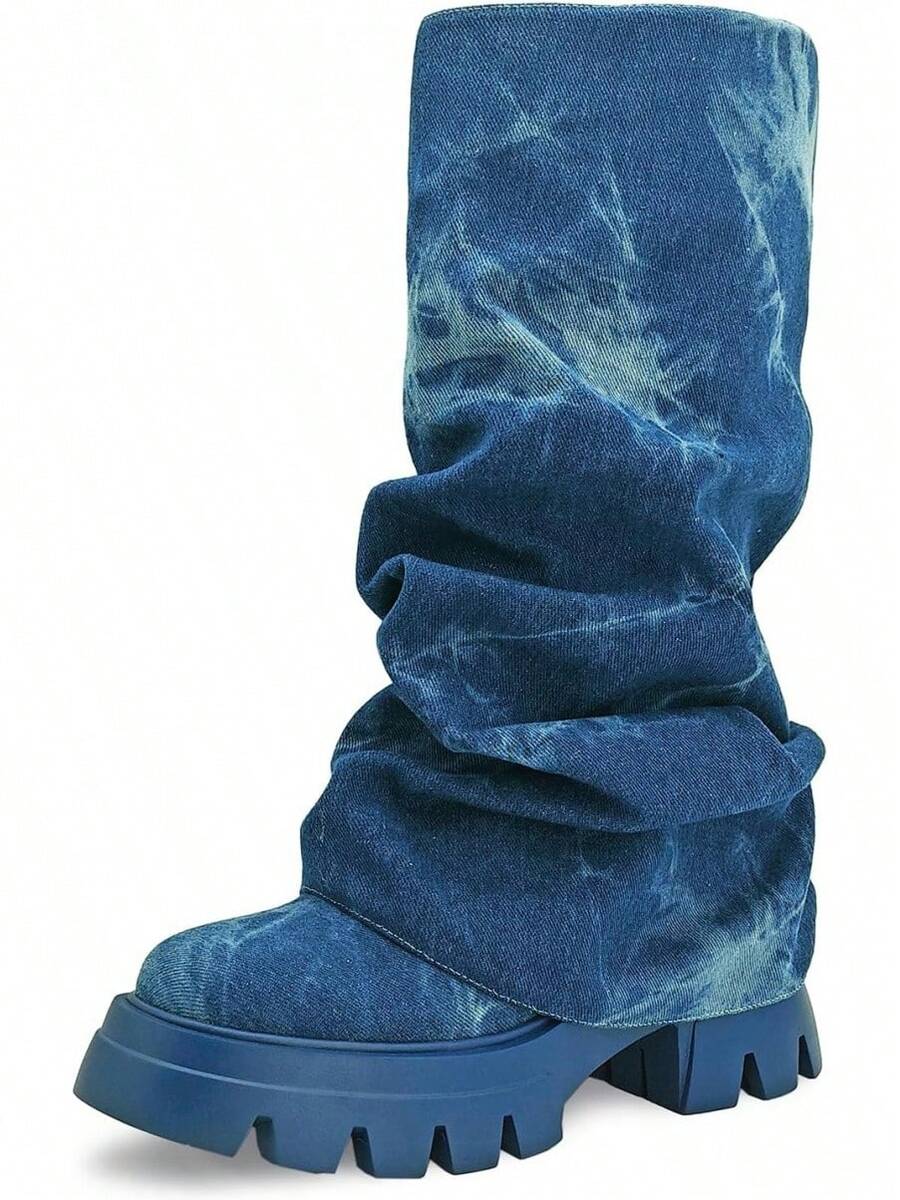 Women's Platform Round Toe Mid Calf Boots With Chunky Heel - Denim Blue - View 1