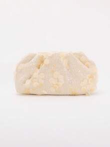 女士奶油色贝壳亮片褶皱手拿包，迷你链条斜挎包，适合婚礼、派对、舞会、晚宴等场合 - 杏色 - 查看 9