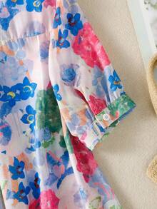 女士印花宽松翻领纽扣衬衫，优雅休闲短袖上衣，适合春夏办公及日常度假穿着。 - 深藍+紫色 - 查看 7