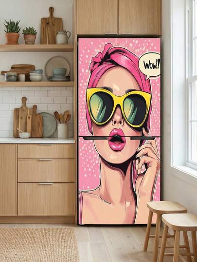 1pc Pop Art Fridge Sticker, Retro Comic Girl Pattern, Removable Waterproof Vinyl Material, Self-Adhesive Refrigerator Wrap Cover, Easy To Apply & Reusable, Ideal For Kitchen Fridge Decor, Home Appliance Makeover, Apartment Decor & Fun Kitchen Accessories