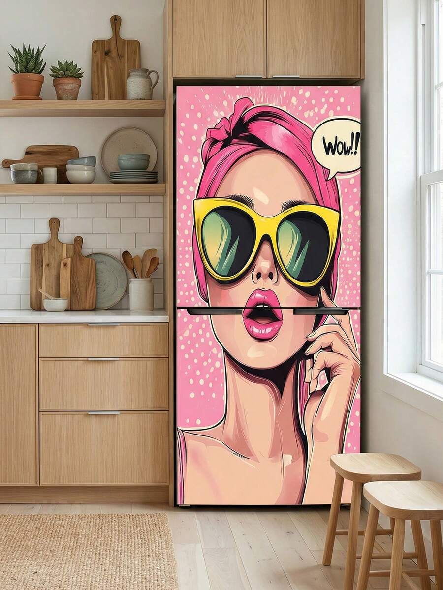 1pc Pop Art Fridge Sticker, Retro Comic Girl Pattern, Removable Waterproof Vinyl Material, Self-Adhesive Refrigerator Wrap Cover, Easy To Apply & Reusable, Ideal For Kitchen Fridge Decor, Home Appliance Makeover, Apartment Decor & Fun Kitchen Accessories - 001 - View 1