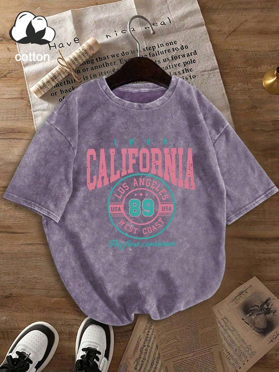 Women's Letter Print Round Neck Casual Versatile Daily Wear Short Sleeve T-Shirt Summer - Mauve Purple - View 1