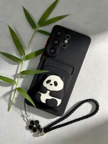 Panda 1pc Cute Panda With Lucky Clover Bracelet, TPU Soft Contrast Color 1mm Thick Card Holder Phone Case Compatible With Apple 17Pro Max /16 /15 /14 /13 /12 /11 Pro Max Plus/ A05s A06 AA35 A36 A54 A55 A56 A16 A15 A14 A13 A12 S20FE S21 S21FE S22 S22Ultra S23 S23Ultra S24 S24Ultra S25 S25Ultra S26 S26Ultra - Black - View 1