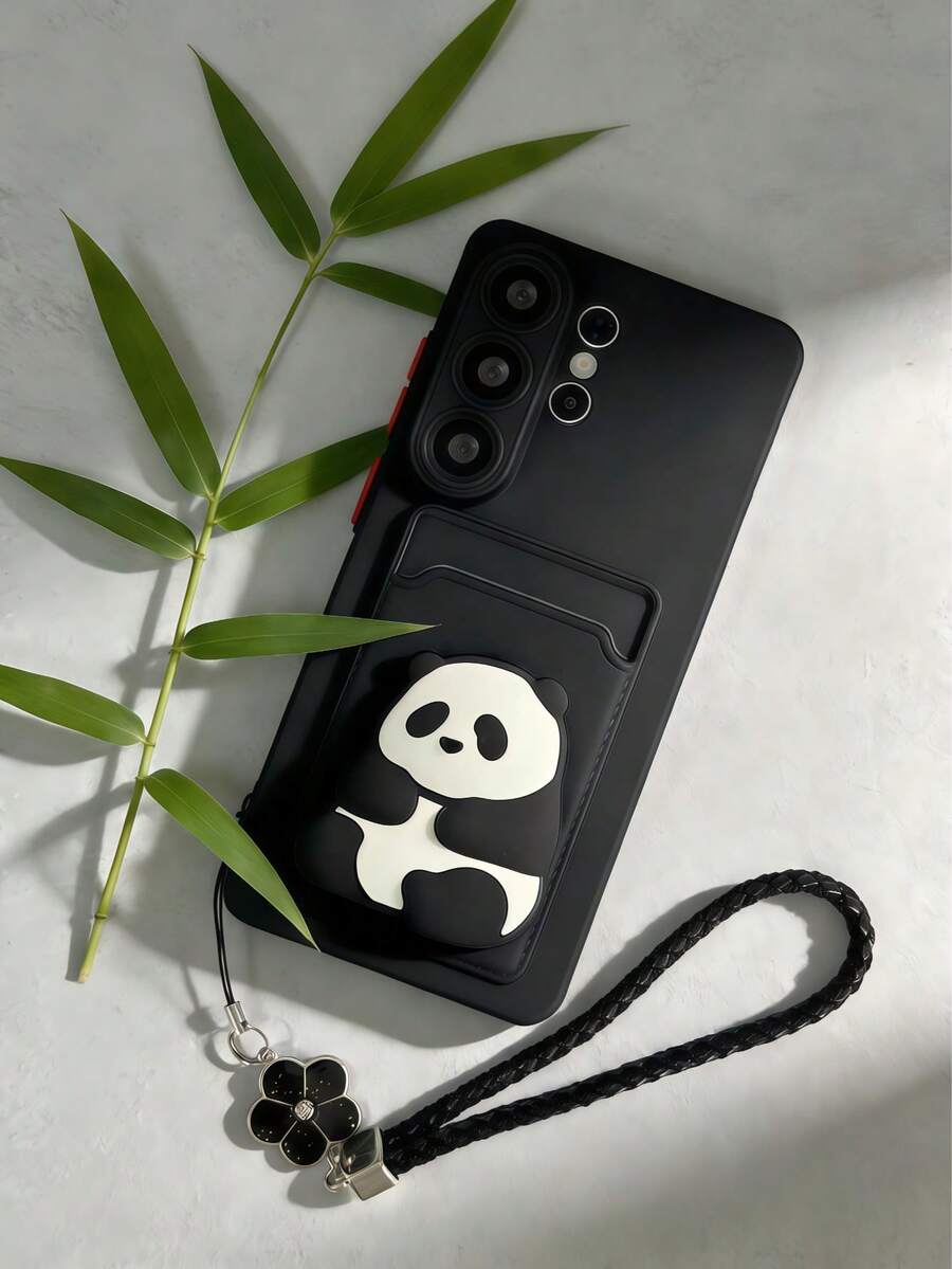 Panda 1pc Cute Panda With Lucky Clover Bracelet, TPU Soft Contrast Color 1mm Thick Card Holder Phone Case Compatible With Apple 17Pro Max /16 /15 /14 /13 /12 /11 Pro Max Plus/ A05s A06 AA35 A36 A54 A55 A56 A16 A15 A14 A13 A12 S20FE S21 S21FE S22 S22Ultra S23 S23Ultra S24 S24Ultra S25 S25Ultra S26 S26Ultra - Black - View 1
