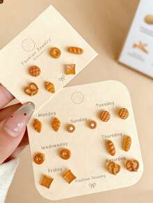 14件/6件可爱卡通焦糖面包甜甜圈耳钉套装，简约百搭首饰，女士礼物，日常及旅行佩戴 - 彩色 - 查看 1