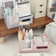 Caja de almacenamiento multifuncional de escritorio con forma de conejo lindo, con cajones y marco de fotos - Organizador de escritorio multiusos para papelería, cosméticos y artículos pequeños - Organizador de escritorio/dormitorio de tono rosa para oficina - Portalápices con compartimento - Ver 3