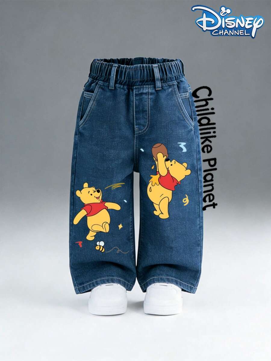 Disney Baby Girls' Printed Straight Leg Jeans - Pure Print High Waist Soft Stretch Denim Pants, Spring Autumn Casual Loose Trousers For Infant & Toddler Girls, Must-Have Essentials - Blue - View 1