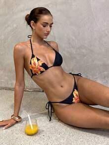 4pcs/Set Sexy Printed Triangle Neck Top And Panty Suit, Fashionable European And American Style For Women, Summer Vacation Beach - 彩色 - 查看 2