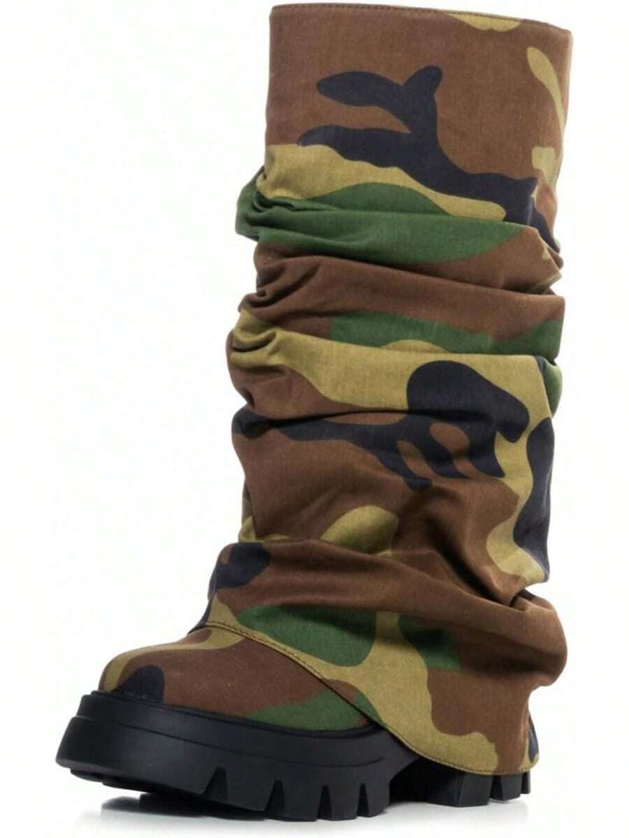 Women's Platform Round Toe Mid Calf Boots With Chunky Heel - Camo-style-blue - View 1