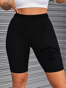 Women's Plus Size Black Print And Wings Print High Waist Casual Cycling Shorts, Stretchy Slim Fit Shorts For Lounge And Outdoor Vacation, Machine Washable, Spring/Summer/Fall - 黑色 - 查看 1