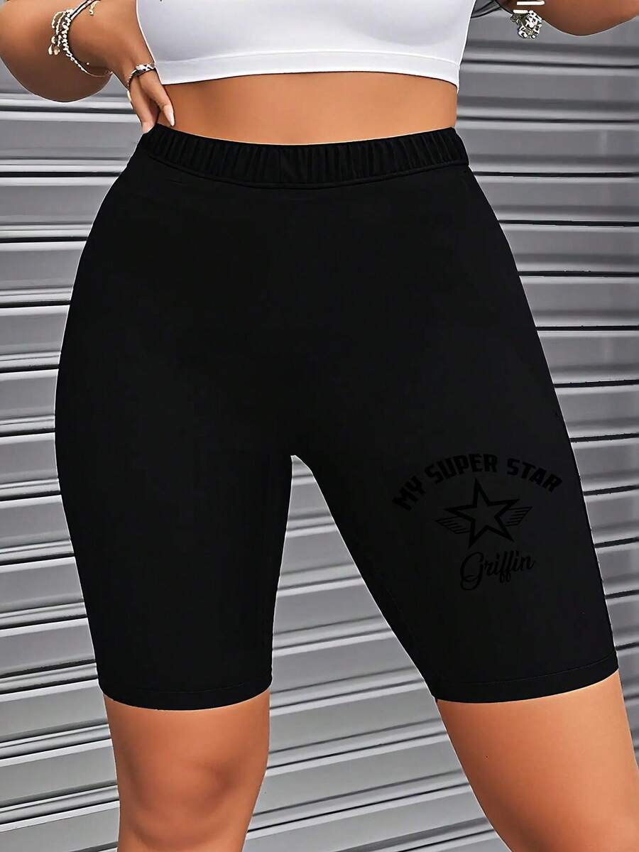 Women's Plus Size Black Print And Wings Print High Waist Casual Cycling Shorts, Stretchy Slim Fit Shorts For Lounge And Outdoor Vacation, Machine Washable, Spring/Summer/Fall - 黑色 - 查看 1