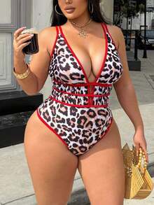 Swim  Plus Size Women's Leopard Print Deep V-Neck Sexy Backless One-Piece Swimsuit, Suitable For Beach & Holiday - 多色 5 - 查看 4