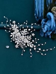1pc Fashionable Crystal Bridal Hair Comb, Alloy Flower Headpiece Suitable For Wedding, Party, Easter - Silver - View 2