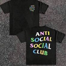 Anti Social Club Double Sided Digital Printed 220g Casual T Shirt 1pcs Men's Streetwear 100_ Cotton Graphic Tee Relaxed Fit Tee For Urban Style - 藍色 - 查看 6