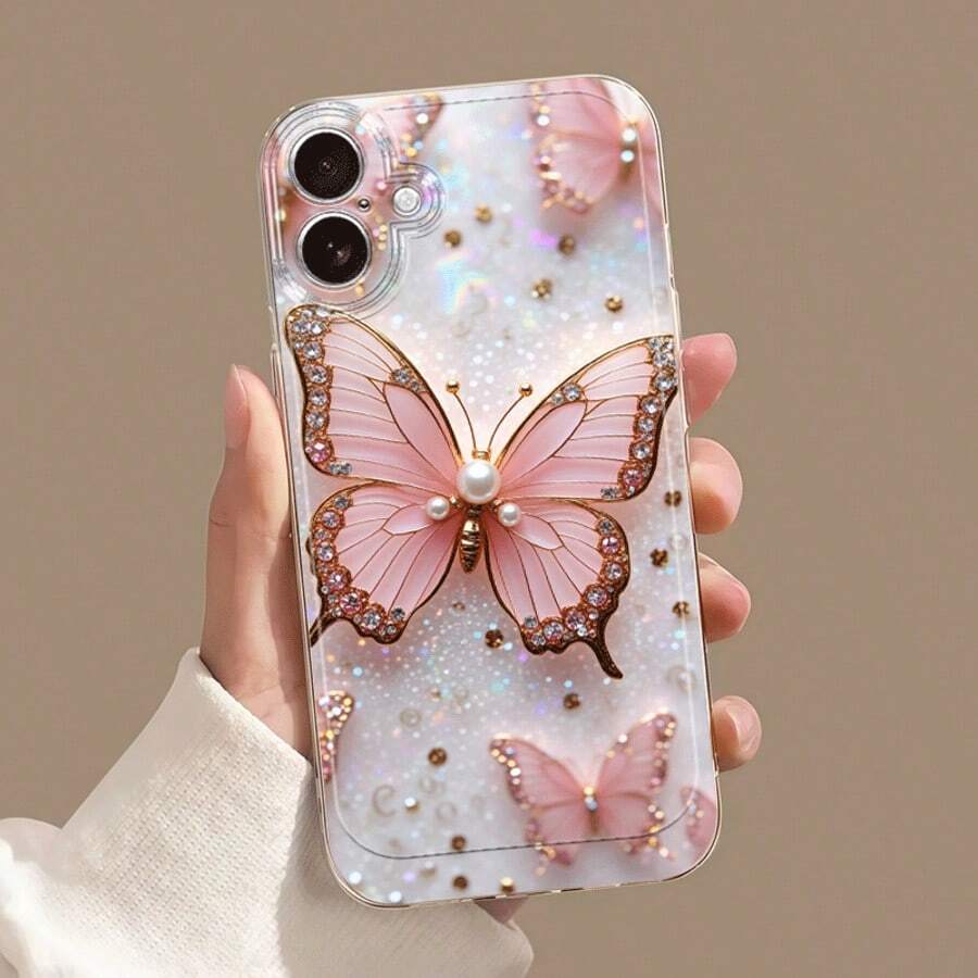 蝴蝶饰品粉色手机壳,兼容 17/16/15/14/13/12/11 Pro Max/X/XS/XR/XS Max/7/8/6/6S Plus/16E,卡通透明防震全包覆TPU手机壳,简约时尚软壳保护套 - 無色 - 查看 1