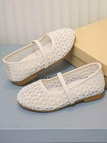 Nuove scarpe piatte da principessa in maglia bianca traforata con suola morbida per ragazze - Bianco - Visualizzare 3